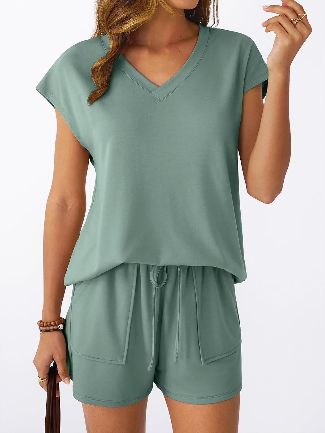 AUTOMET 2 Piece V Neck Cap Sleeve Shirt and Shorts Set Womens Matching Summer Lounge Sets