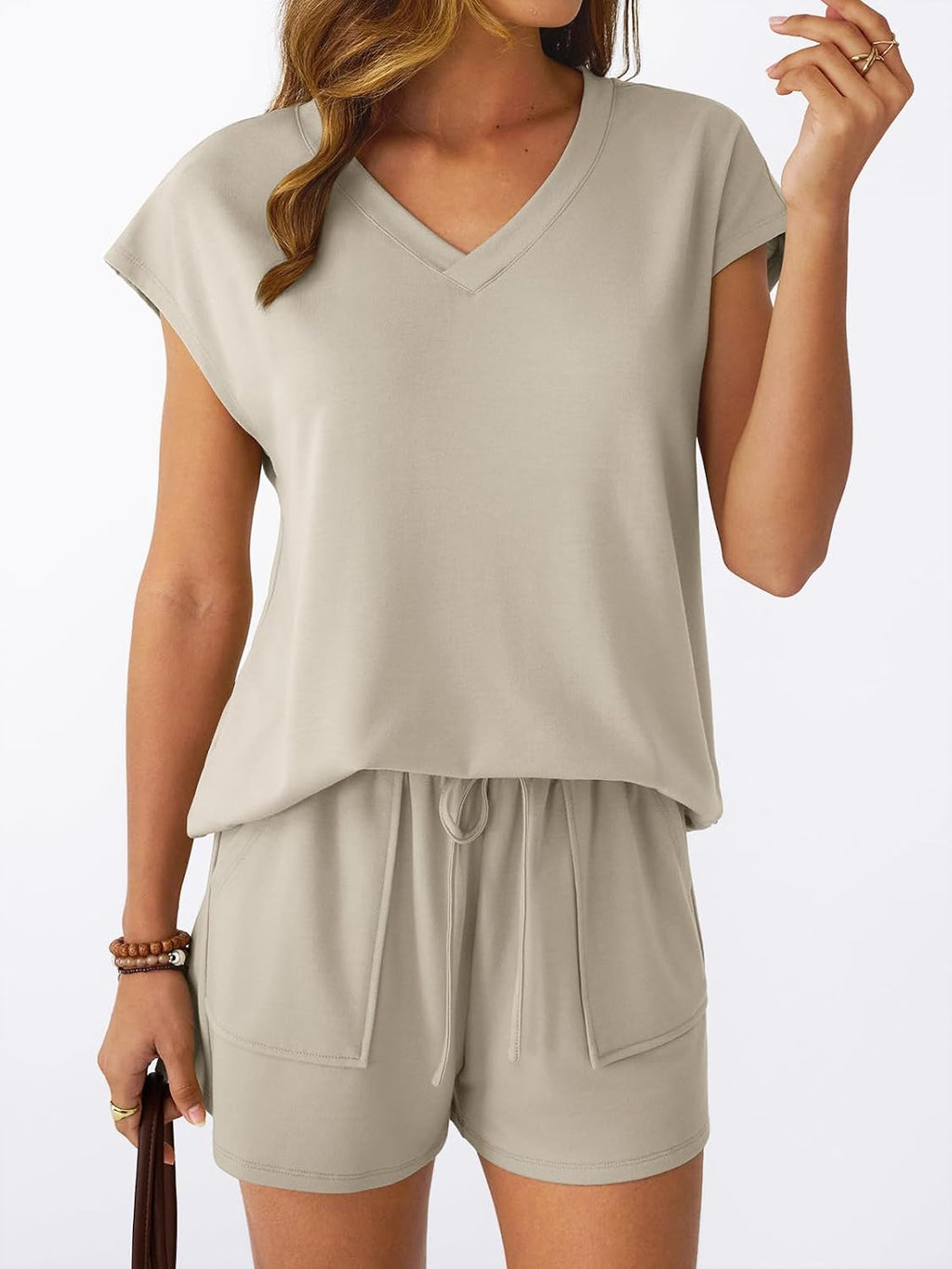 AUTOMET 2 Piece V Neck Cap Sleeve Shirt and Shorts Set Womens Matching Summer Lounge Sets