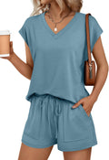 AUTOMET 2 Piece V Neck Cap Sleeve Shirt and Shorts Set Womens Matching Summer Lounge Sets