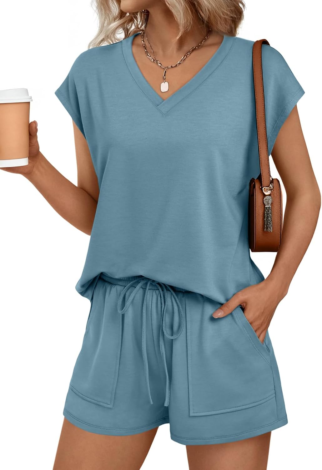 AUTOMET 2 Piece V Neck Cap Sleeve Shirt and Shorts Set Womens Matching Summer Lounge Sets