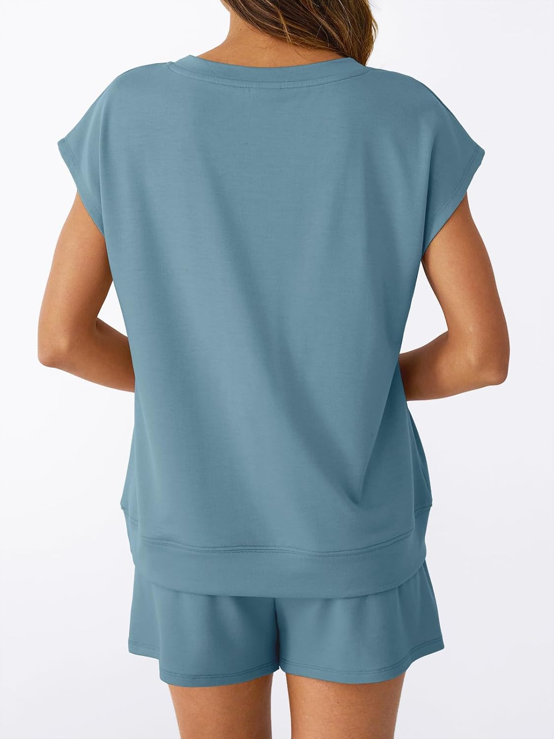 AUTOMET 2 Piece V Neck Cap Sleeve Shirt and Shorts Set Womens Matching Summer Lounge Sets