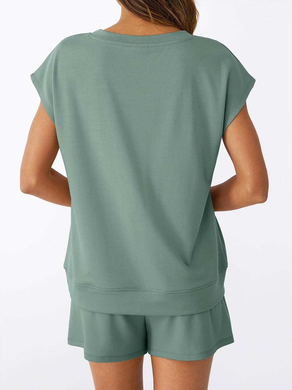AUTOMET 2 Piece V Neck Cap Sleeve Shirt and Shorts Set Womens Matching Summer Lounge Sets