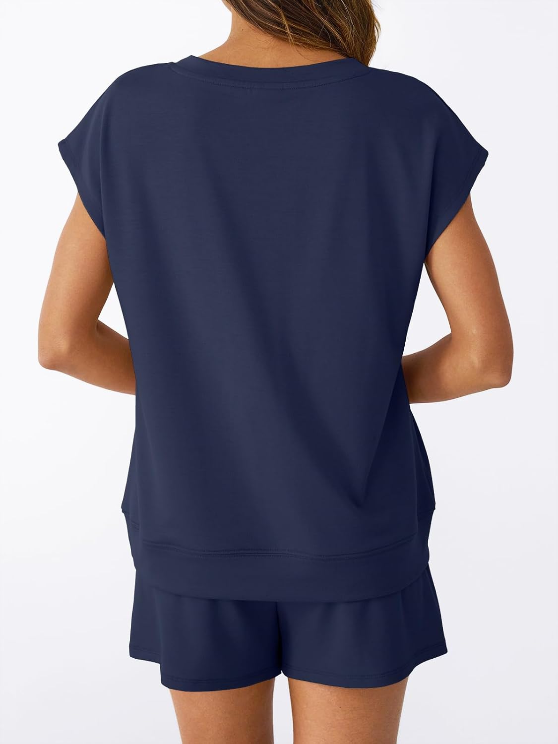 AUTOMET 2 Piece V Neck Cap Sleeve Shirt and Shorts Set Womens Matching Summer Lounge Sets