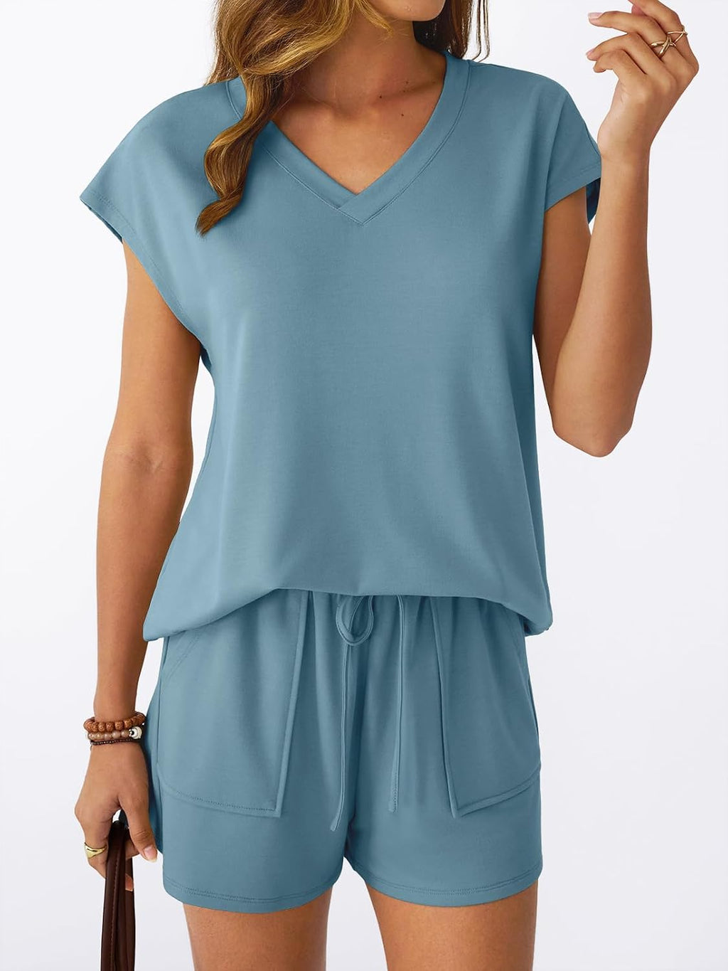 AUTOMET 2 Piece V Neck Cap Sleeve Shirt and Shorts Set Womens Matching Summer Lounge Sets