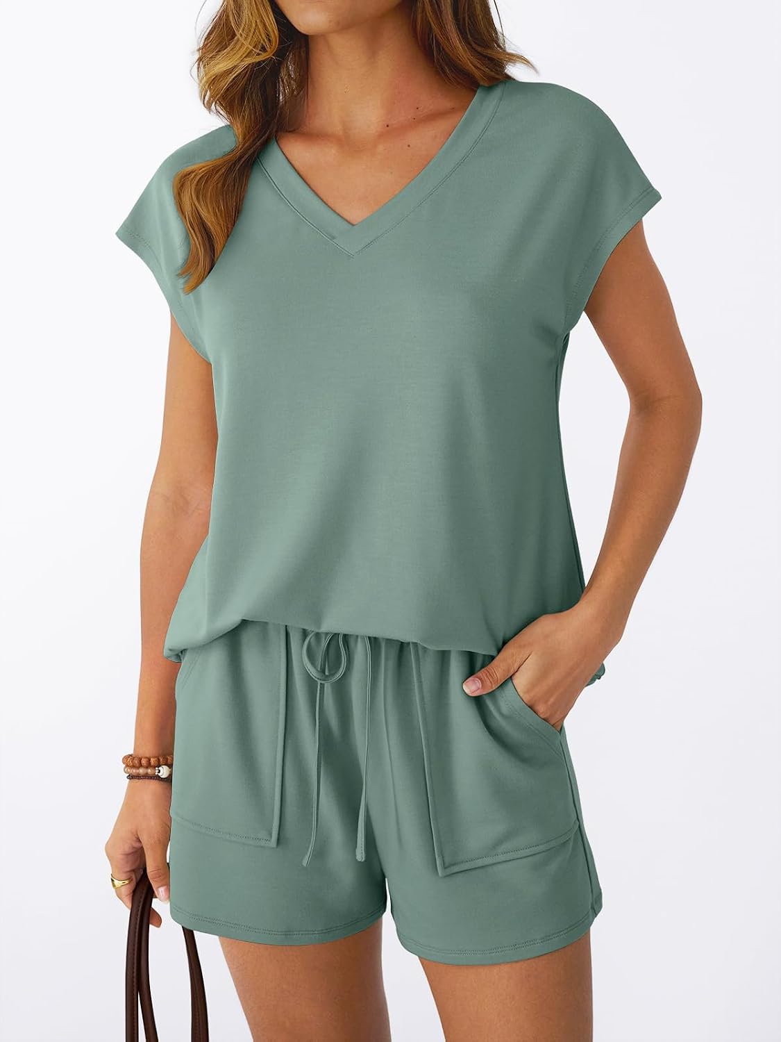 AUTOMET 2 Piece V Neck Cap Sleeve Shirt and Shorts Set Womens Matching Summer Lounge Sets