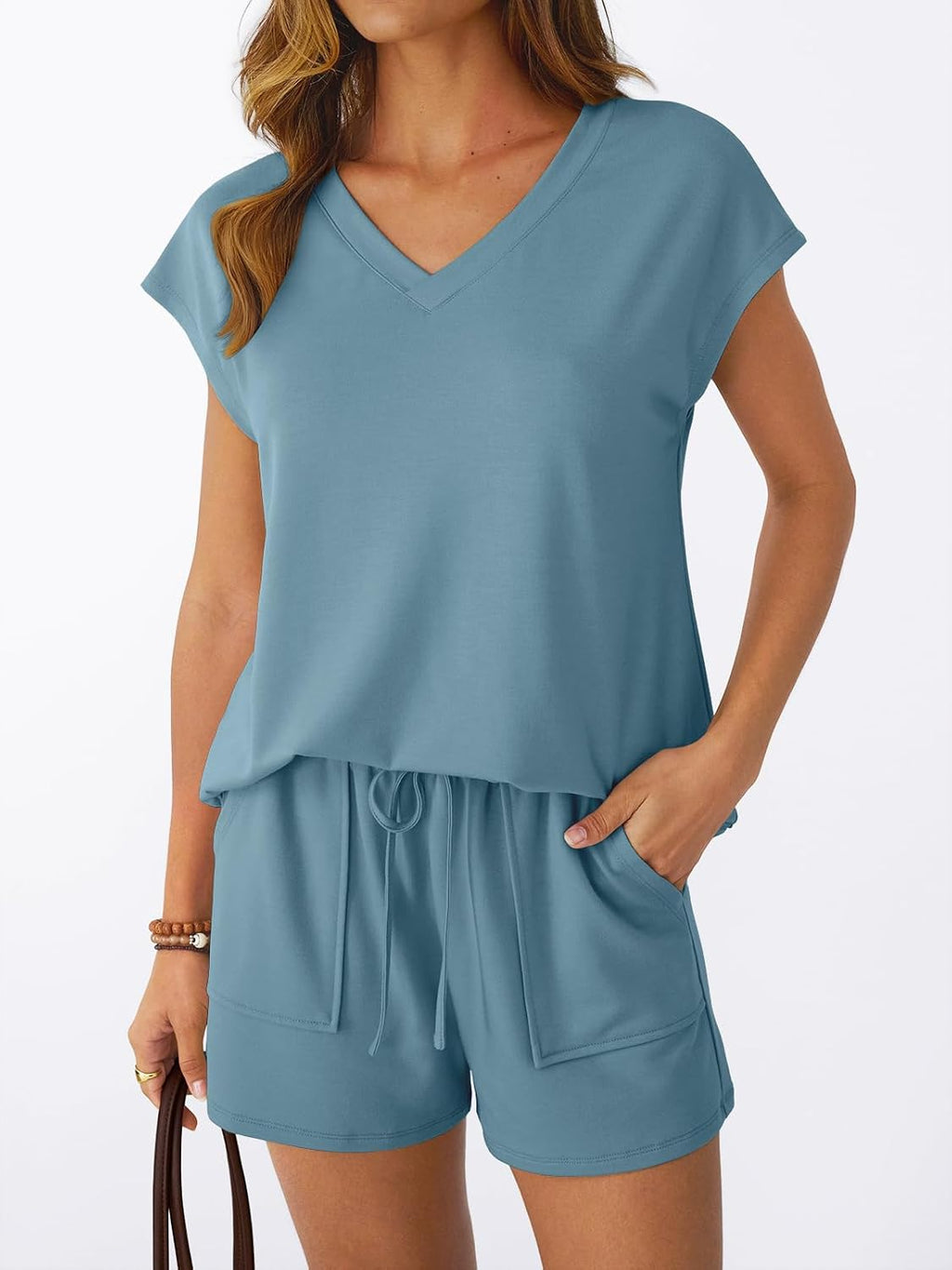 AUTOMET 2 Piece V Neck Cap Sleeve Shirt and Shorts Set Womens Matching Summer Lounge Sets